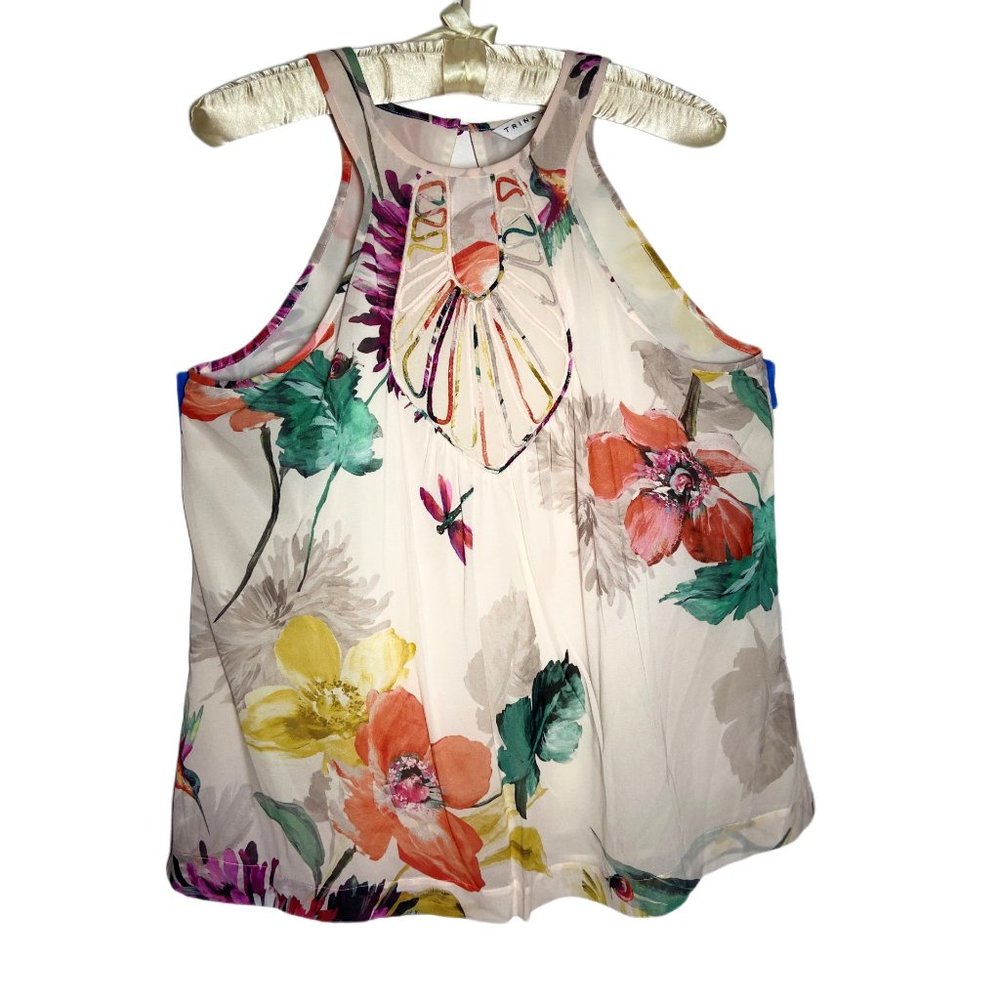 Trina Turk top, sleeveless, size medium, floral with a light background